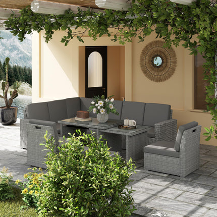 Seven-Piece Rattan Garden Sofa Set with Expanding Table - Light Grey