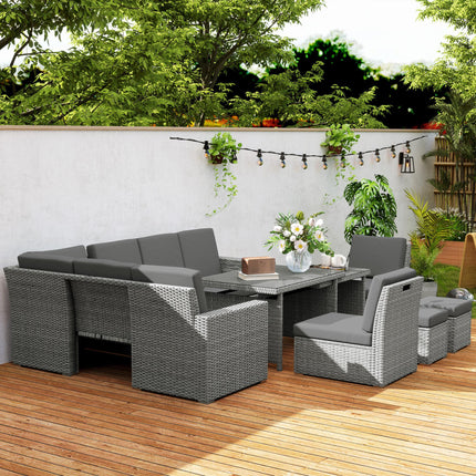 Seven-Piece Rattan Garden Sofa Set with Expanding Table - Light Grey