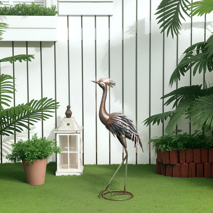 Heron Metal Garden Statue with Stakes for Patio Pond Landscape Decoration - Silver Tone