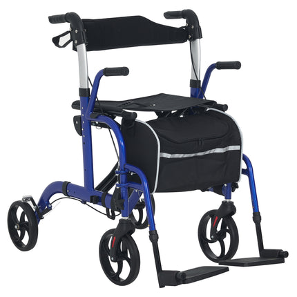 2 in 1 Wheelchair Transport Chair & Folding Rollator Walker with Seat, Backrest,
