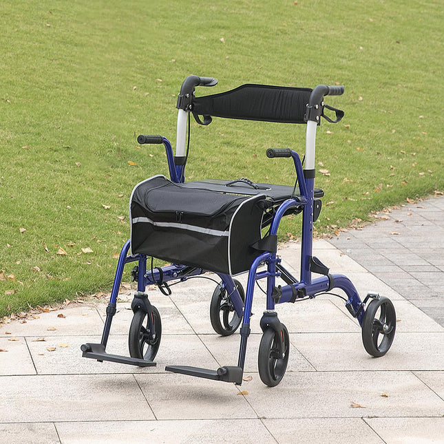 2 in 1 Wheelchair Transport Chair & Folding Rollator Walker with Seat, Backrest,