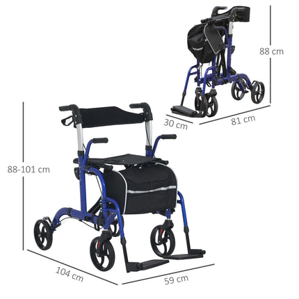 2 in 1 Wheelchair Transport Chair & Folding Rollator Walker with Seat, Backrest,