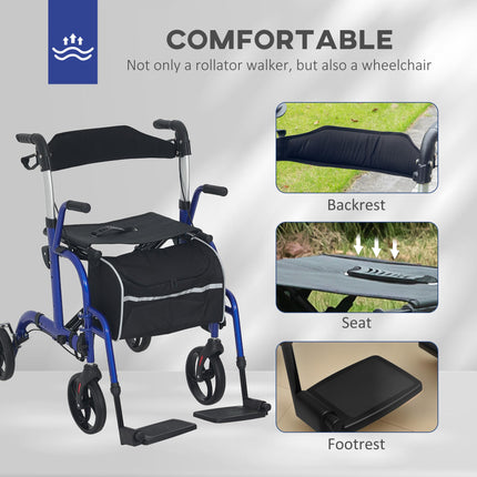 2 in 1 Wheelchair Transport Chair & Folding Rollator Walker with Seat, Backrest,
