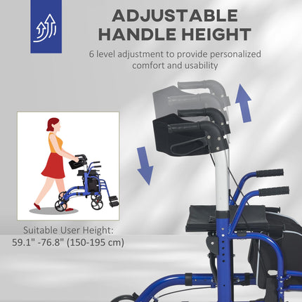 2 in 1 Wheelchair Transport Chair & Folding Rollator Walker with Seat, Backrest,