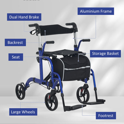 2 in 1 Wheelchair Transport Chair & Folding Rollator Walker with Seat, Backrest,