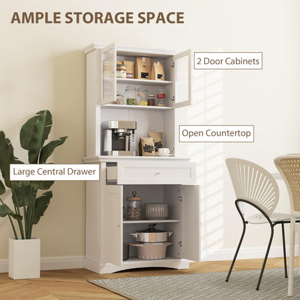 4-Door Kitchen Cupboard with Drawer, Freestanding Kitchen Cabinet with Glass Doors, Adjustable Shelves and Open Counter, White
