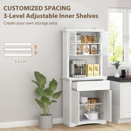 4-Door Kitchen Cupboard with Drawer, Freestanding Kitchen Cabinet with Glass Doors, Adjustable Shelves and Open Counter, White
