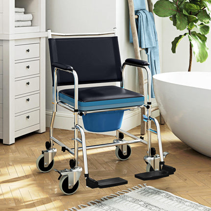 3-In-1 Commode, Shower, and Wheelchair with Wheels - Black