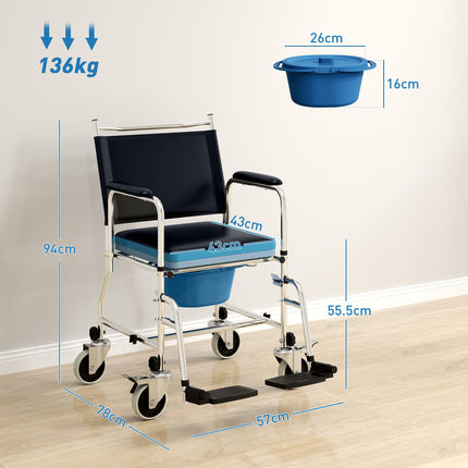 3-In-1 Commode, Shower, and Wheelchair with Wheels - Black