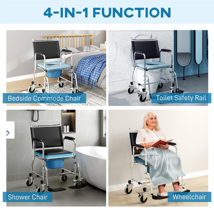 3-In-1 Commode, Shower, and Wheelchair with Wheels - Black