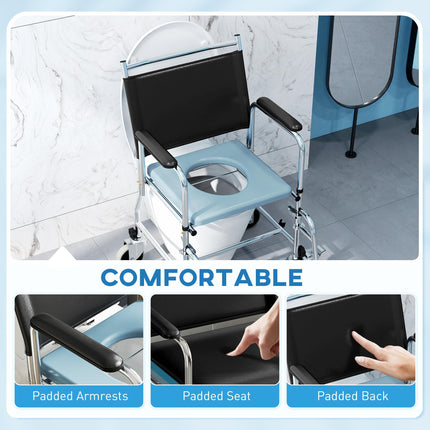 3-In-1 Commode, Shower, and Wheelchair with Wheels - Black