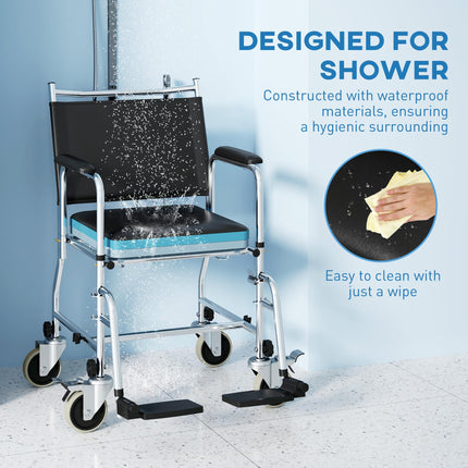 3-In-1 Commode, Shower, and Wheelchair with Wheels - Black