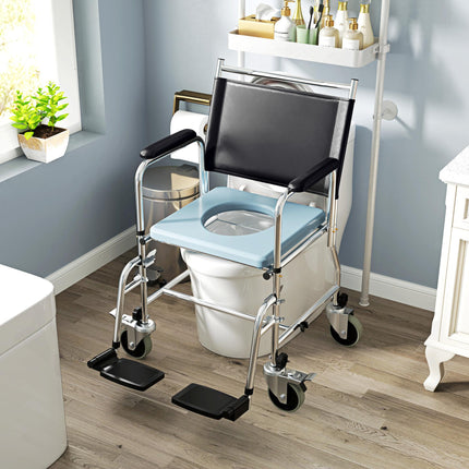 3-In-1 Commode, Shower, and Wheelchair with Wheels - Black