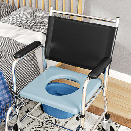 3-In-1 Commode, Shower, and Wheelchair with Wheels - Black