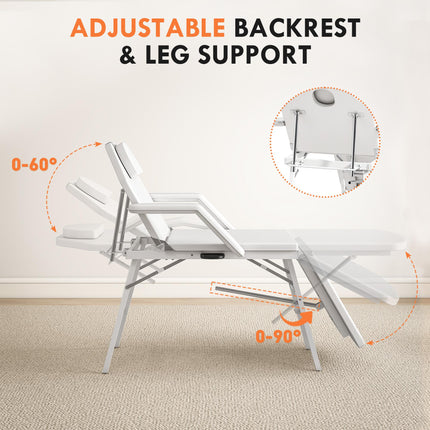 HOMCOM Portable Massage Table, 3 Section Adjustable Beauty Bed, Foldable Massage Bed with Face Hole, Recliner Chair with Removable Headrest and Armrests for Spa, Lash, Tattoo, White
