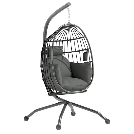 Hanging Egg Swing Chair with Folding Basket, Cushion, Headrest & Cup Holder for Indoor Outdoor Patio Garden - Dark Grey