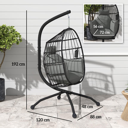 Hanging Egg Swing Chair with Folding Basket, Cushion, Headrest & Cup Holder for Indoor Outdoor Patio Garden - Dark Grey