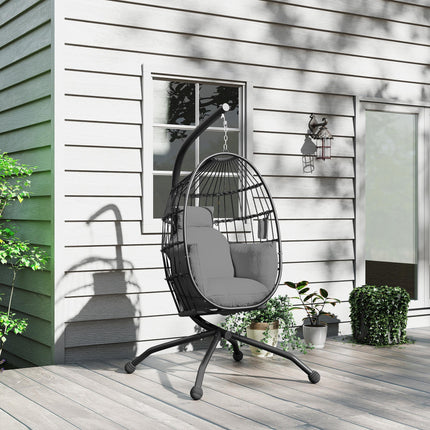 Hanging Egg Swing Chair with Folding Basket, Cushion, Headrest & Cup Holder for Indoor Outdoor Patio Garden - Dark Grey