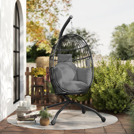 Hanging Egg Swing Chair with Folding Basket, Cushion, Headrest & Cup Holder for Indoor Outdoor Patio Garden - Dark Grey
