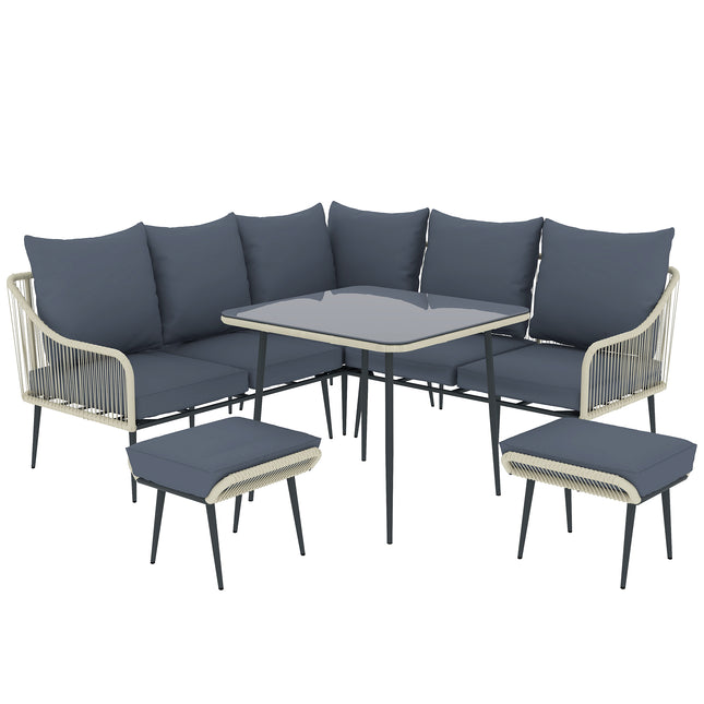 Six-Piece Rattan Garden Sofa Set with Cushions and Table - Grey