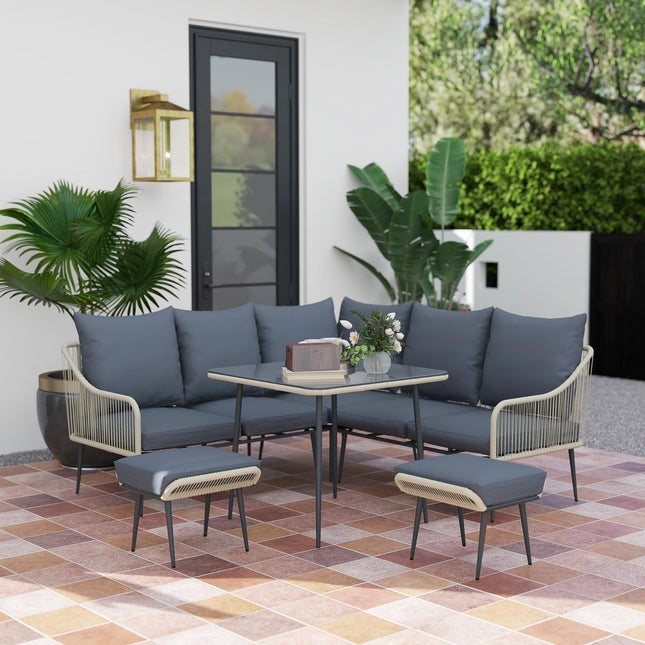Six-Piece Rattan Garden Sofa Set with Cushions and Table - Grey
