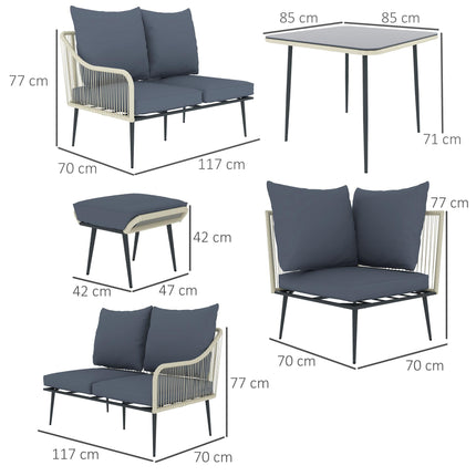 Six-Piece Rattan Garden Sofa Set with Cushions and Table - Grey