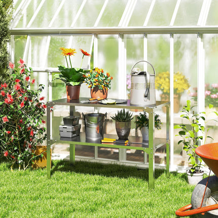 2 Tier Galvanised Steel Potting Bench Table 110x50x75cm with Storage Shelf - Silver Tone