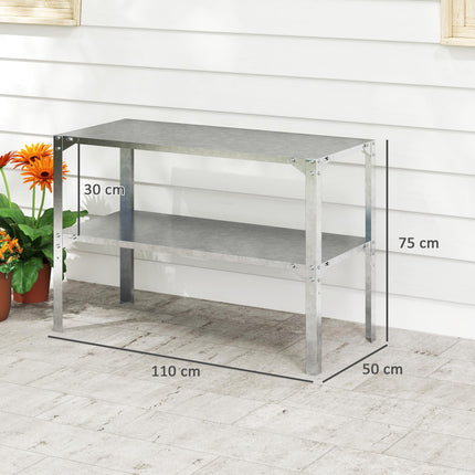 2 Tier Galvanised Steel Potting Bench Table 110x50x75cm with Storage Shelf - Silver Tone