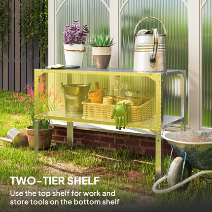 2 Tier Galvanised Steel Potting Bench Table 110x50x75cm with Storage Shelf - Silver Tone