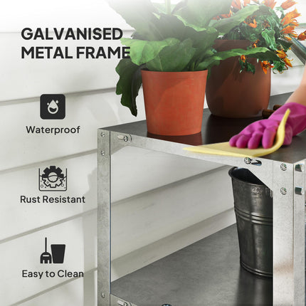 2 Tier Galvanised Steel Potting Bench Table 110x50x75cm with Storage Shelf - Silver Tone