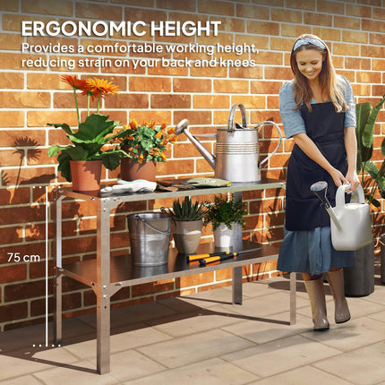 2 Tier Galvanised Steel Potting Bench Table 110x50x75cm with Storage Shelf - Silver Tone