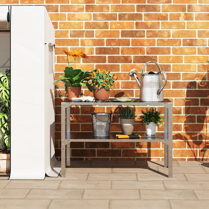 2 Tier Galvanised Steel Potting Bench Table 110x50x75cm with Storage Shelf - Silver Tone