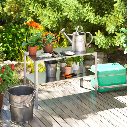 2 Tier Galvanised Steel Potting Bench Table 110x50x75cm with Storage Shelf - Silver Tone