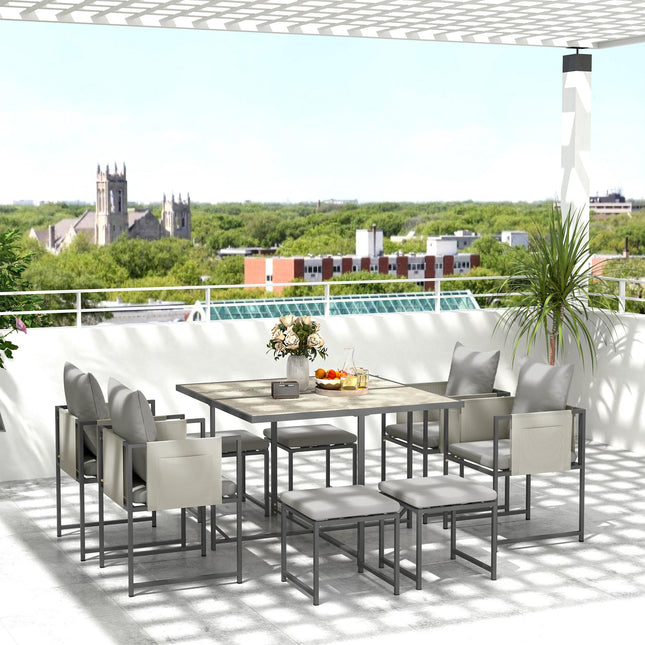 9 Piece Steel Frame Garden Dining Set with Cushions - Grey