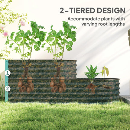 Two Tier Galvanised Steel Garden Planter with Open Bottom - Dark Green