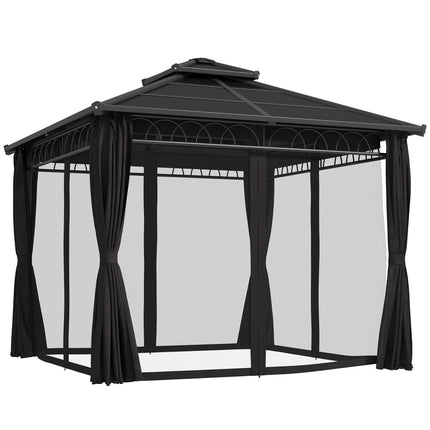 3 x 3 m Outdoor Polycarbonate Double Roof Gazebo with Steel Frame, Nettings & Curtains - Dark Grey