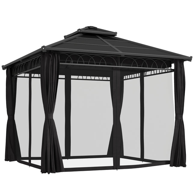 3 x 3 m Outdoor Polycarbonate Double Roof Gazebo with Steel Frame, Nettings & Curtains - Dark Grey