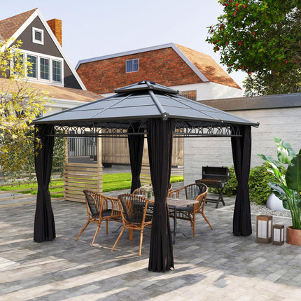 3 x 3 m Outdoor Polycarbonate Double Roof Gazebo with Steel Frame, Nettings & Curtains - Dark Grey