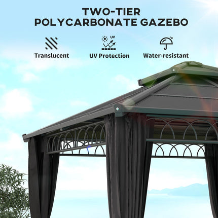 3 x 3 m Outdoor Polycarbonate Double Roof Gazebo with Steel Frame, Nettings & Curtains - Dark Grey