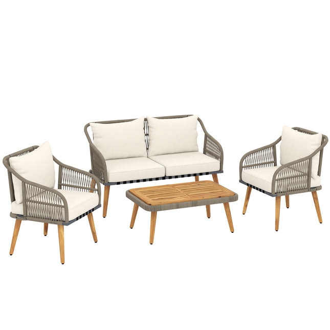 4 Piece Rattan Garden Furniture Set with Loveseat, Armchairs, Wood Table, Wicker Patio Conversation Set, Cream White