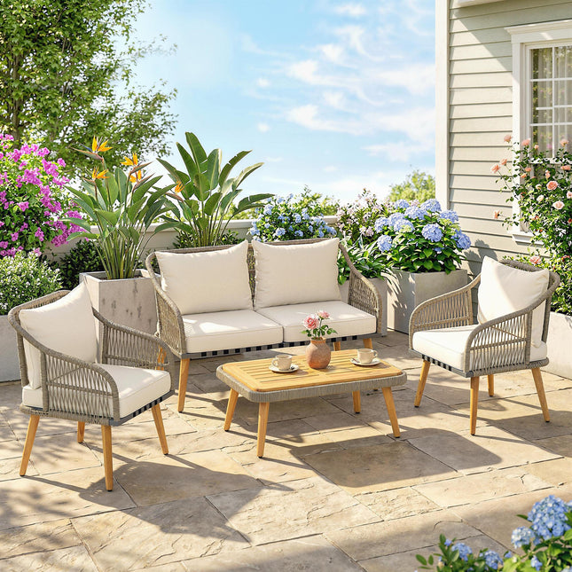 4 Piece Rattan Garden Furniture Set with Loveseat, Armchairs, Wood Table, Wicker Patio Conversation Set, Cream White