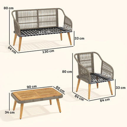 4 Piece Rattan Garden Furniture Set with Loveseat, Armchairs, Wood Table, Wicker Patio Conversation Set, Cream White