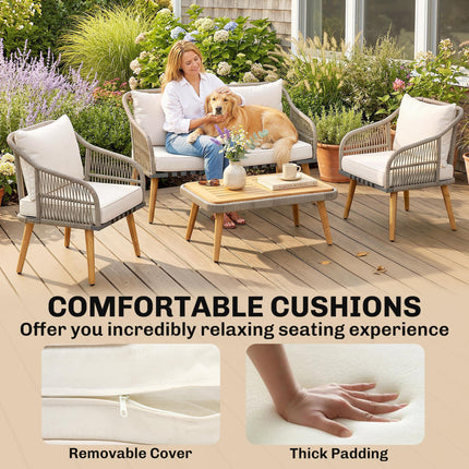4 Piece Rattan Garden Furniture Set with Loveseat, Armchairs, Wood Table, Wicker Patio Conversation Set, Cream White