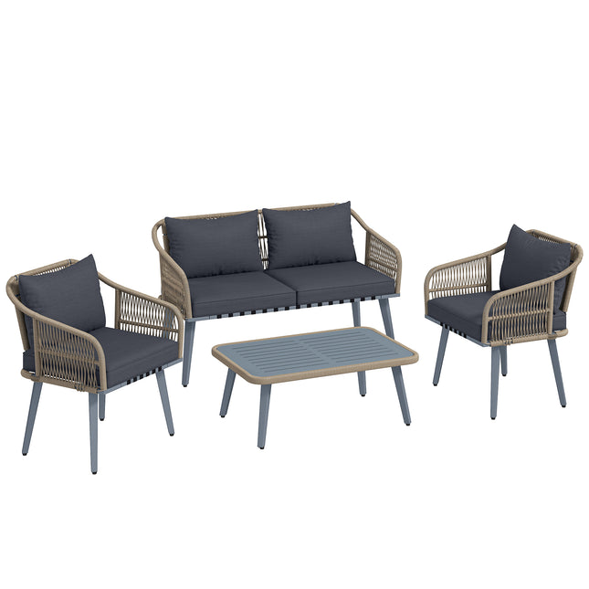4 Piece Rattan Garden Furniture Set with Loveseat, Armchairs, Wood Table, Wicker Patio Conversation Set, Grey