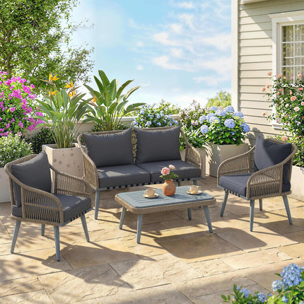 4 Piece Rattan Garden Furniture Set with Loveseat, Armchairs, Wood Table, Wicker Patio Conversation Set, Grey