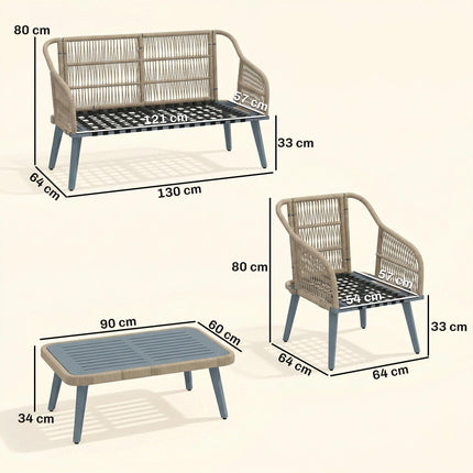 4 Piece Rattan Garden Furniture Set with Loveseat, Armchairs, Wood Table, Wicker Patio Conversation Set, Grey