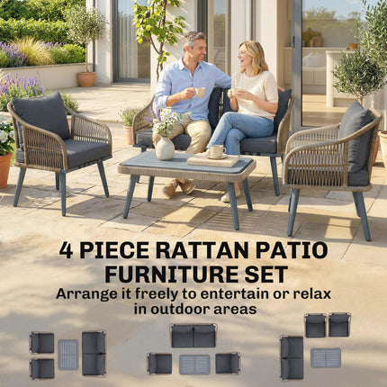 4 Piece Rattan Garden Furniture Set with Loveseat, Armchairs, Wood Table, Wicker Patio Conversation Set, Grey