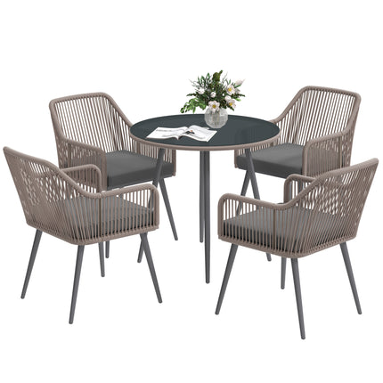 4 Seater Rattan Garden Dining Set with Cushions and Parasol Hole, Round Glass Top Table - Light Brown