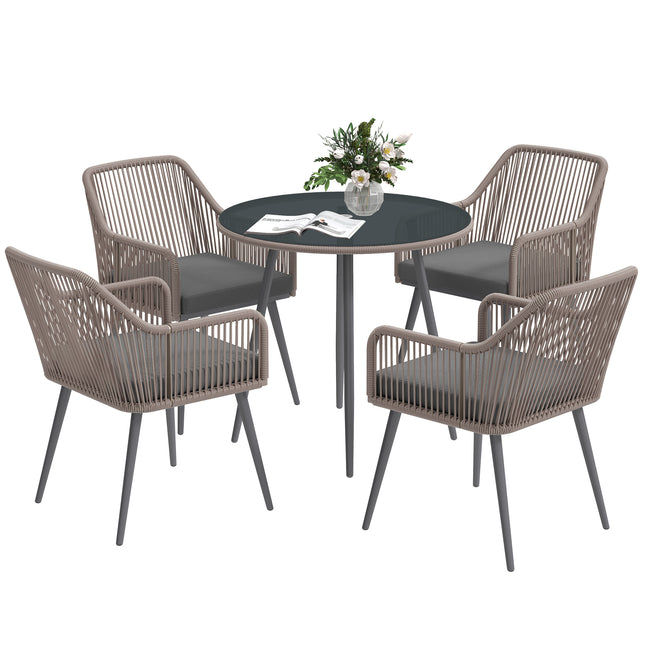 4 Seater Rattan Garden Dining Set with Cushions and Parasol Hole, Round Glass Top Table - Light Brown