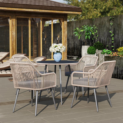 4 Seater Rattan Garden Dining Set with Cushions and Parasol Hole, Round Glass Top Table - Light Brown